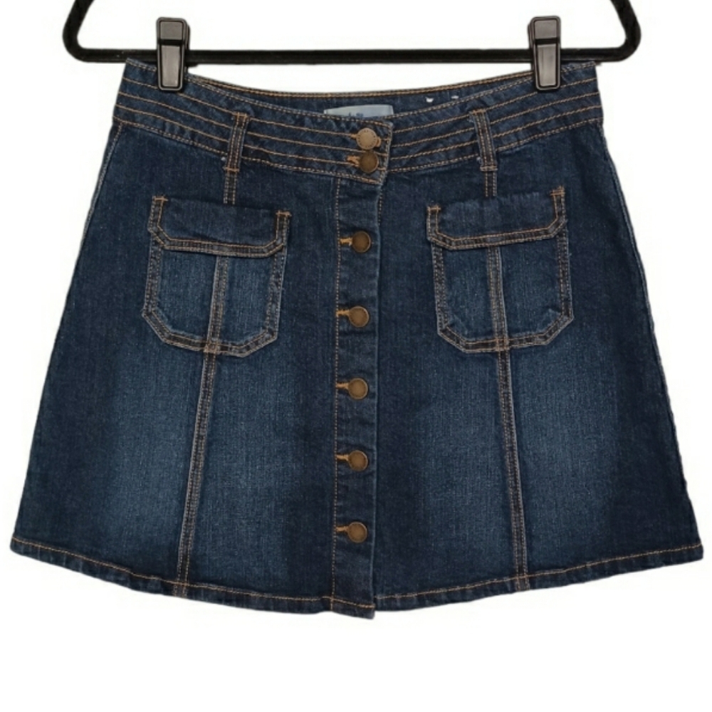 JOLT Dark Blue Wash Button Front Mini A-Line Denim Jean Skirt Size 7